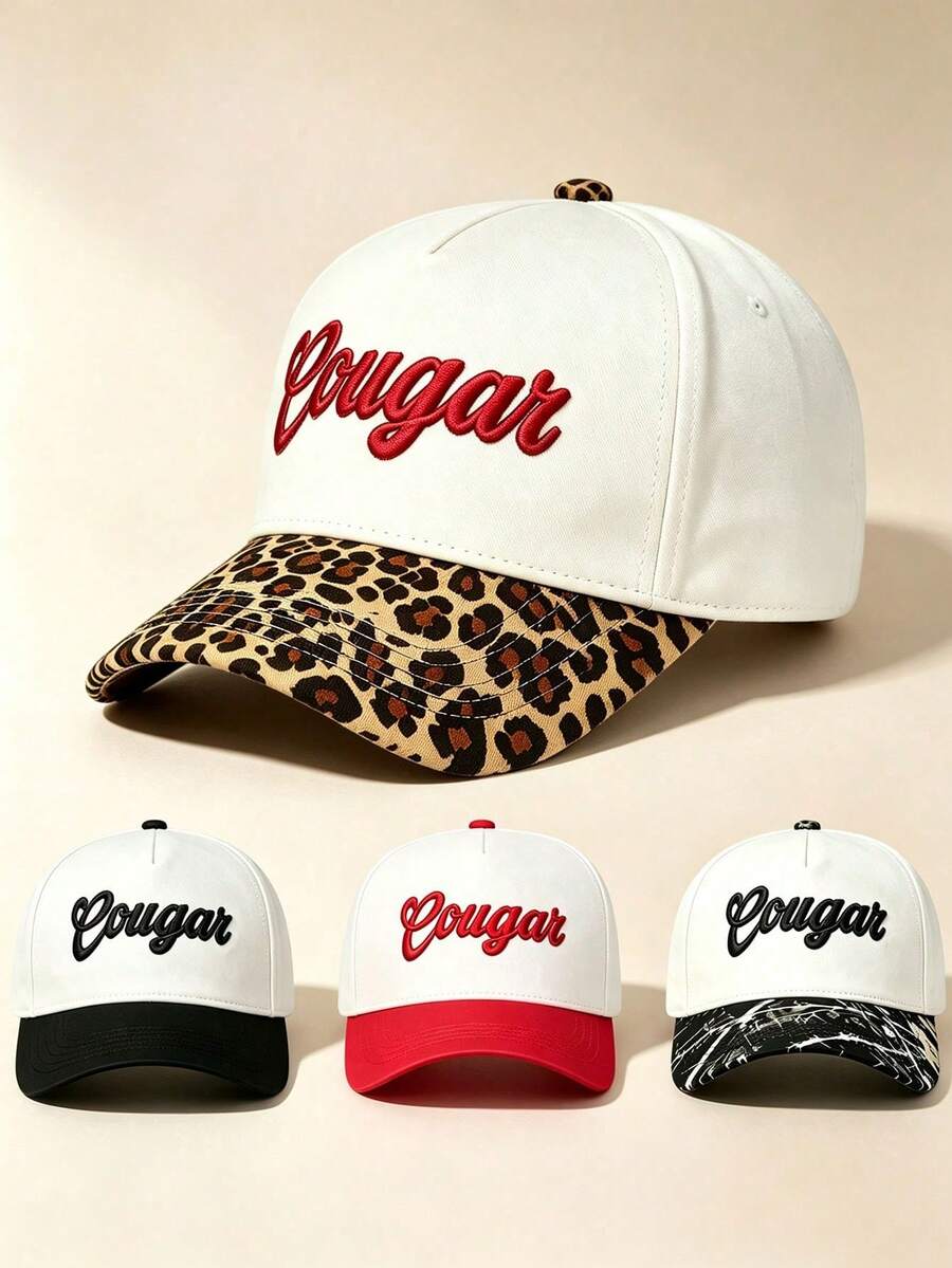 1pc Unisex Two-Tone Curved Brim Baseball Cap, Cougar Embroidery, Leopard Print & Contrast Brim, Adjustable, Style For Daily, Street & Travel