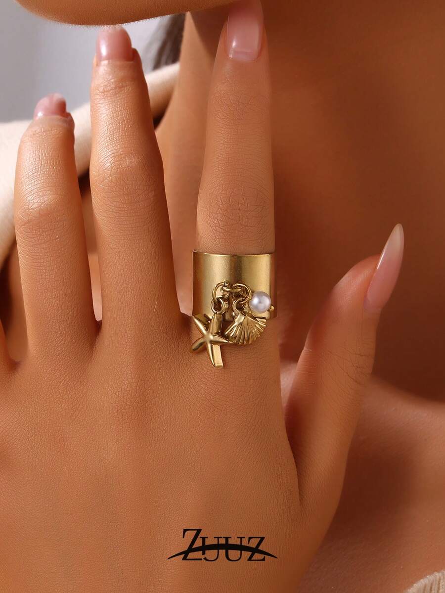 1pc Stainless Steel Pearl Shell Starfish Pendant Ring For Women Fashion Ocean Style Round Open Rings Jewelry - Ring - View 1