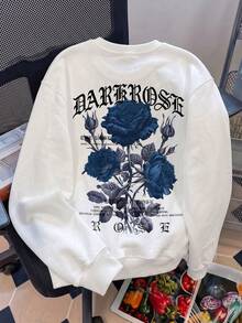 Women's White Long Sleeve Crew Neck Pullover, Rose Print Design, Casual Fashion Street Style Autumn Outfit - White - View 5