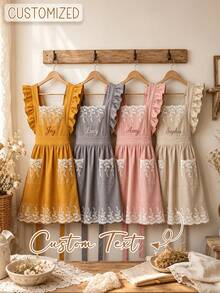 Personalized Custom Name Lace Ruffle Apron, Vintage Floral Lace Trim Pinafore Apron With Pockets, Adjustable Sleeveless Cooking Baking Apron, Custom Text Kitchen Housewarming Gift For Women - Multicolor - View 2