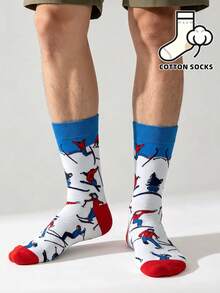 1 Pair Winter Ski Sports Pattern Round Mouth Socks, Gray Linen Color Casual Fashion Socks, Quirky Winter Aesthetic Socks, All-Over Print Ski Pattern Street Style Mid-Calf Socks, Comfortable Cotton Socks For All-Day Wear For Men - Multicolor - View 3