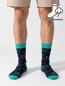 1 Pasang Kaos Kaki Boat Bermotif Molekul & Rumus Kimia yang Menarik, Manset & Ujung Kaki Warna Hijau Mint Kontras, Kaos Kaki Katun Lembut Sepanjang Betis untuk Pria - MultiWarna - View 2