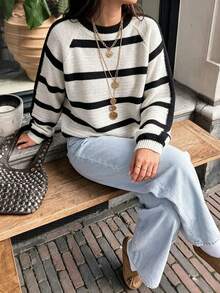Women's Casual Striped Knit Crew Neck Long Sleeve Sweater, Versatile Fashion Knitwear For Spring & Autumn - Black and White - View 2