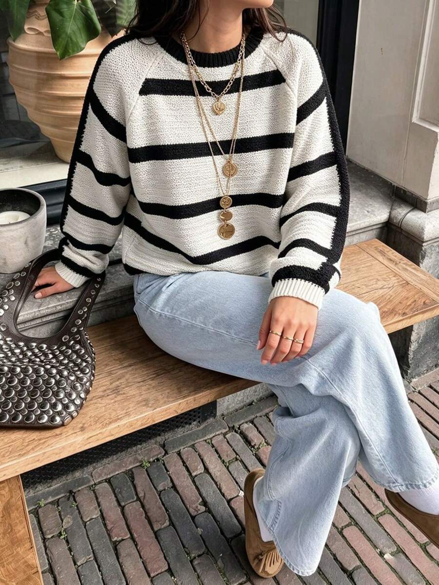 Women's Casual Striped Knit Crew Neck Long Sleeve Sweater, Versatile Fashion Knitwear For Spring & Autumn