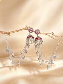 優雅水鑽金色 Jhumka 耳環附流蘇髮鏈，傳統中東大耳環，適合婚禮珠寶或派對穿著 - 花朵款吊墜耳環 - 查看 11