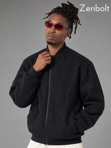 Zenbolt Men's Cable Knit Zipper Front Bomber Jacket,Urban Full Zip Sweater Jacket In Solid Black For Men,Long Sleeves Perfect For Everyday Layering - Black - View 3