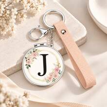 1pc 26 Letters Optional Floral Design Double-Sided Portable Makeup Mirror, 1X High Definition Mirror 180° Foldable PU Leather Pendant, Girls Bag Keychain Mirror/Bag Charm - Multicolor - View 26