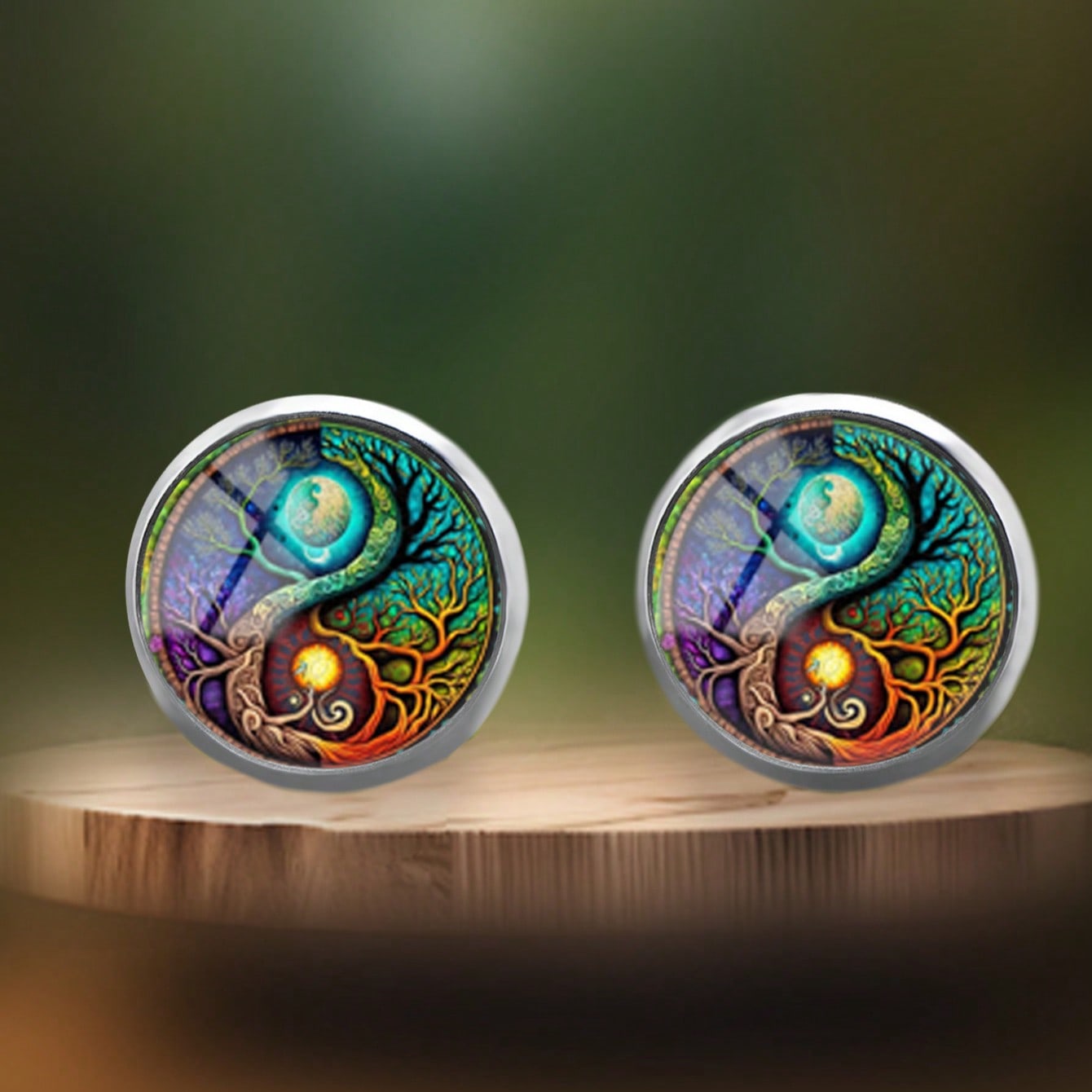 1 Pair Cartoon Yin Yang Bagua Tree Of Life Pattern 316 Stainless Steel Round Stud Earrings Suitable For Women's Daily Wear