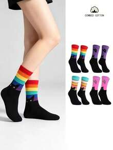 4 Pairs Rainbow Striped Black Cat Print Mid-Calf Socks For Women, Personalized Colorblock Cartoon Casual Cotton Socks, Multi-Color Assortment - Multicolor - View 1