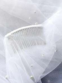 Two Tier Bridal Veil With Comb, White 3D Flower & Pearl Rhinestone Mid-Length Wedding Veil - Multicolor - View 6