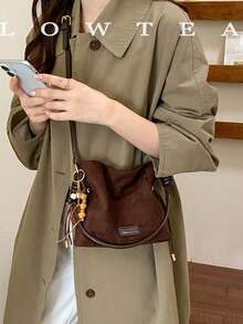 low tea 1pc Small Bucket Suede Crossbody Bag With Adjustable Strap, Suitable For Commuting, Shopping, Etc. (With Pendant) - Coffee - View 6