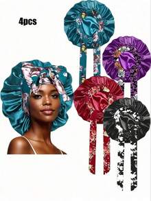 4pcs Women's Solid Color Satin Sleep Caps With Drawstring, Silky Elastic Hair Protection Sleep Caps, Comfortable Sleep Caps, Suitable For Daily Use - B - View 17