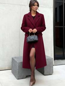 Winter Double-Breasted Wool Long Coat, Blazer Lapel, Side Pockets, Knee-Length, Loose Fit, Commuter Wool Jacket - Burgundy - View 2