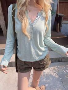 Minimalist Drape Half-Button V-Neck Thin Long Sleeve Knit Sweater - Mint Blue - View 5
