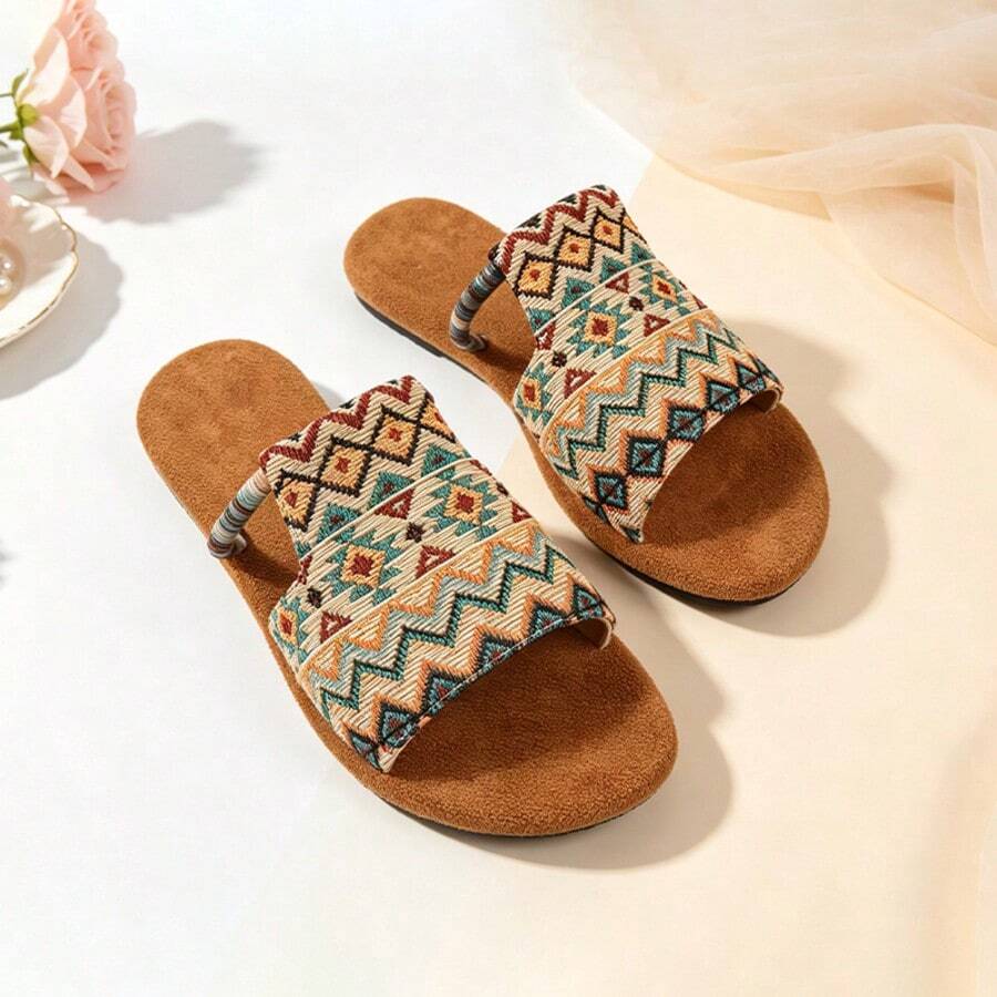 Vintage Geometric Print Woven Strap Flat Slip-On Sandals For Women, Beach Vacation Outdoor Wear And Home Slippers - Multicolor - View 1