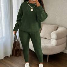 Conjunto de dos piezas de punto hombro al descubierto, blusa de manga larga y pantalones anchos, conjunto casual elegante para mujer - Verde militar - Ver 12