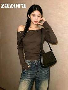 Rivet Asymmetrical Shoulder Loose Long Sleeve Knit T-Shirt Base Layer Top Early Autumn - Brown - View 1