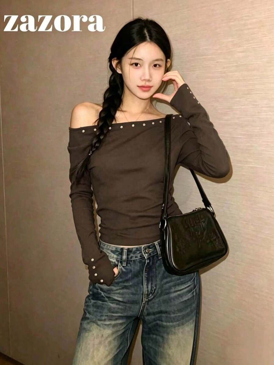 Rivet Asymmetrical Shoulder Loose Long Sleeve Knit T-Shirt Base Layer Top Early Autumn - Brown - View 1