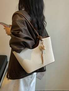 Tas Tote Bertekstur Elegan dengan Detail Pegangan Simpul, Dekorasi Liontin Bunga Rajutan yang Lucu, Tas Bahu Wanita Kapasitas Besar untuk Perjalanan Sehari-hari - MultiWarna - View 8