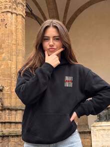 Women's Black AMORE Striped Letter Print Sweatshirt Sweatshirt, Autumn Street Style Casual Long Sleeve Pullover - Black - View 3
