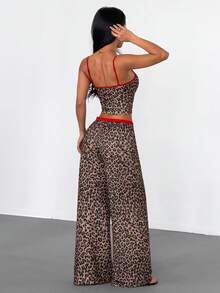 Women's Leopard Print 2 Pieces Set, Colorblock Trim Camisole Top + Drawstring Wide Leg Pants, Suitable For Nightclub Party, Vacation, Casual And Outing Wear - Brown - View 7