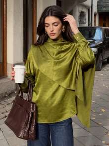 Women's Spring/Autumn Luxury Elegant Stand Collar Shawl-Style Satin Top, Asymmetrical Drape Wrap Stand Collar Design, Fluid Slimming Fit For Afternoon Tea, Commute And Travel - Green - View 4