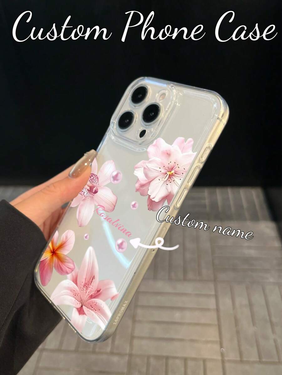 1 buah Casing Ponsel TPU Motif Bunga Elegan DIY Kustom dengan Nama yang Dipersonalisasi, Pelindung Anti Guncangan untuk Penggunaan Sehari-hari, Hadiah Manis untuk Ibu, Sahabat Terbaik di Hari Ulang Tahun dan Hari Jadi, Kompatibel dengan Apple 12 Pro Max, 13 Pro Max, 14 Pro Max, 15, 16 Pro Max, 17 Pro Max, 18 Pro Max - Clear - View 1