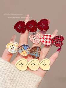 2/4pcs Cute 3 Hearts Button Design Hair Clip, Plaid Solid Color Sweet Barrette, Korean Style Side Bangs Hair Accessory For Women Girls - Multicolor - View 1