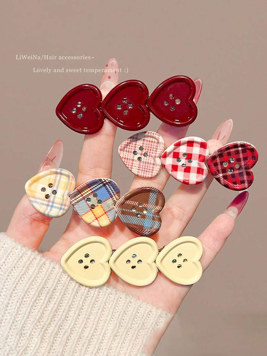 2/4pcs Cute 3 Hearts Button Design Hair Clip, Plaid Solid Color Sweet Barrette, Korean Style Side Bangs Hair Accessory For Women Girls - Multicolor - View 1