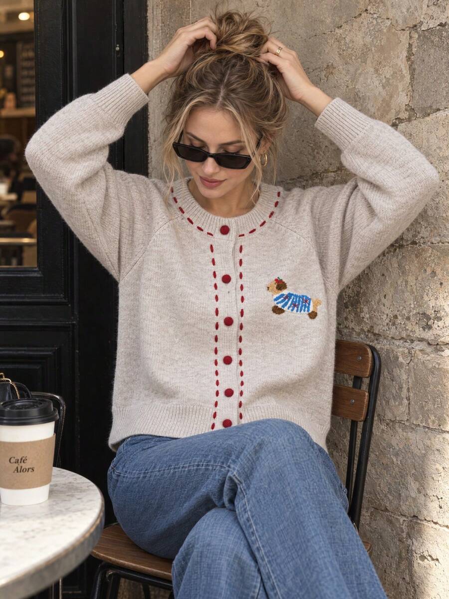 Women's Round Neck Red Button Knit Cardigan Sweater, Winter Christmas New Year Vintage Colorblock Long Sleeve Top, Suitable For Autumn - Apricot - View 1