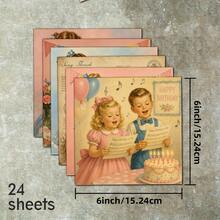 24 Lembar Kertas Scrapbook Vintage Bertema Ulang Tahun Anak-Anak, Kertas Latar Belakang Kado Pesta Kue Anak-Anak Nostalgia Ukuran 6 Inci, Tanpa Pola Berulang, Cocok untuk Bullet Journal, Junk Journal, Latar Belakang Kartu Ucapan, Album Foto, dan Kerajinan Tangan DIY - Square - View 5