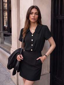 Fashionable Long Sleeve Design Satin Shirt, Solid Color Polyester, Front Button Closure Black Summer - Black - View 2