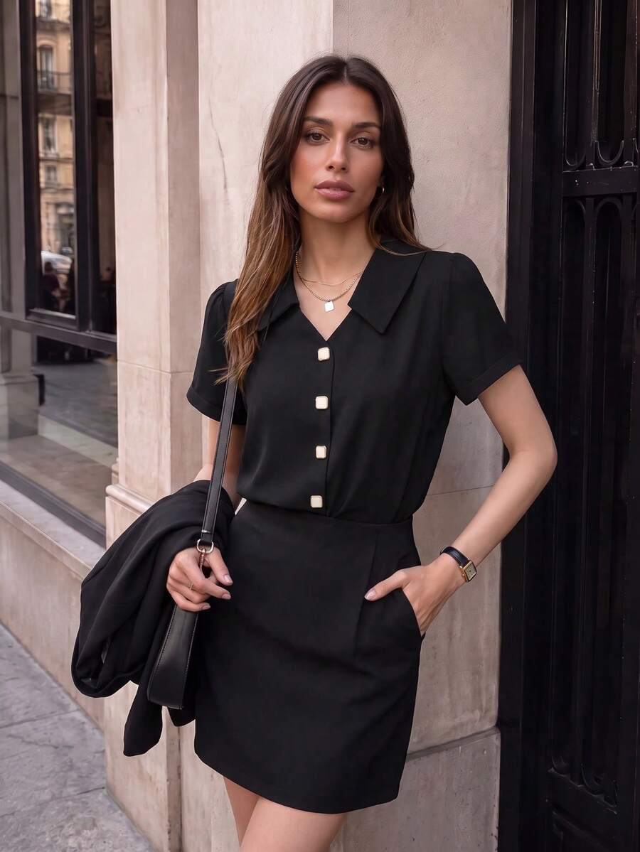 Fashionable Long Sleeve Design Satin Shirt, Solid Color Polyester, Front Button Closure Black Summer