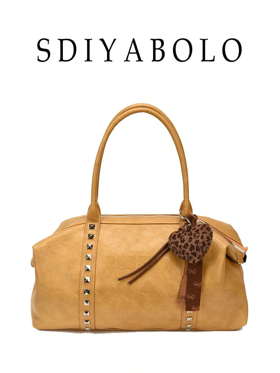 Women Retro Large Capacity Shoulder Bag, Letter Embossed Rivet Decor Hobo Handbag With Leopard Heart Pendant, Casual Commuter Underarm Tote Bag