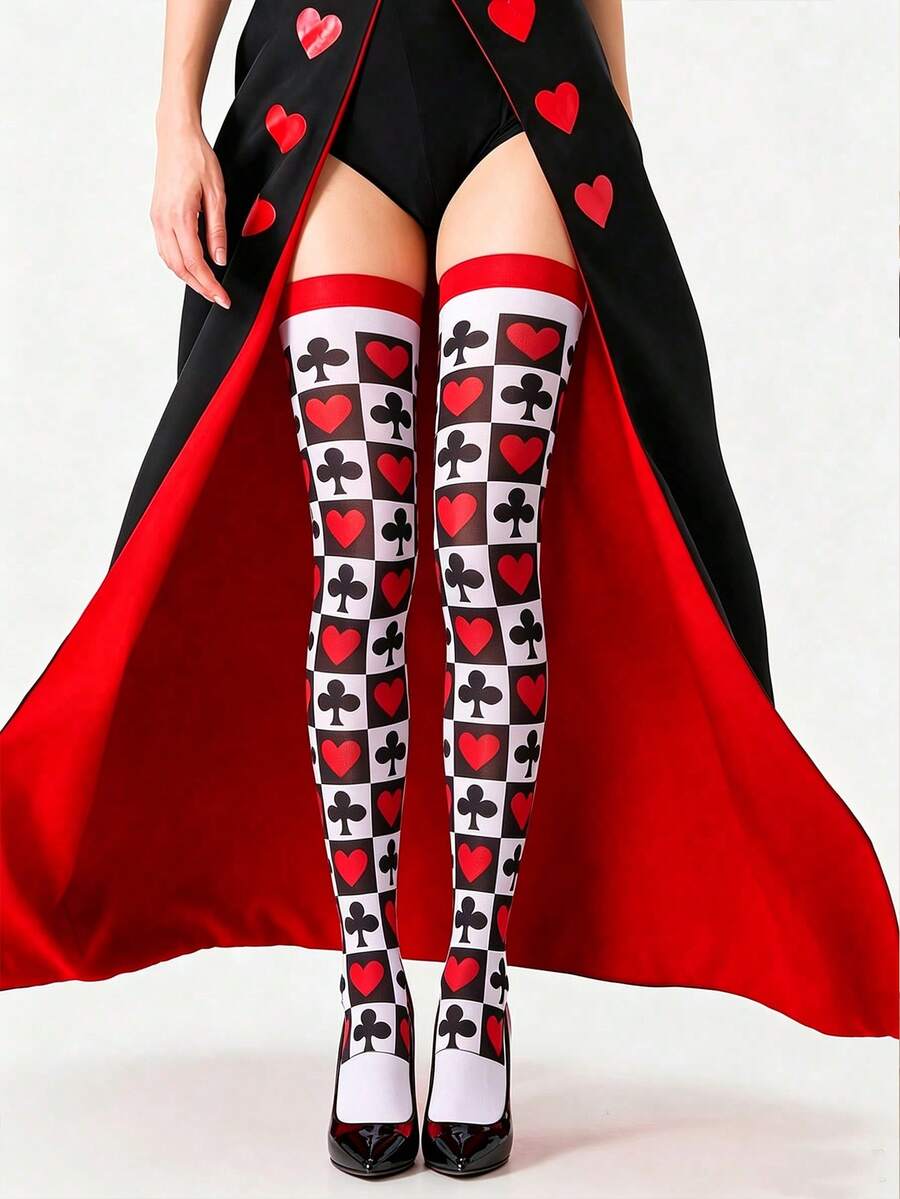 1 Pair Women's Poker Print Over-The-Knee Socks, High Elastic Fabric, Holiday Party Stockings, Versatile Daily Wear - Multicolor - View 1