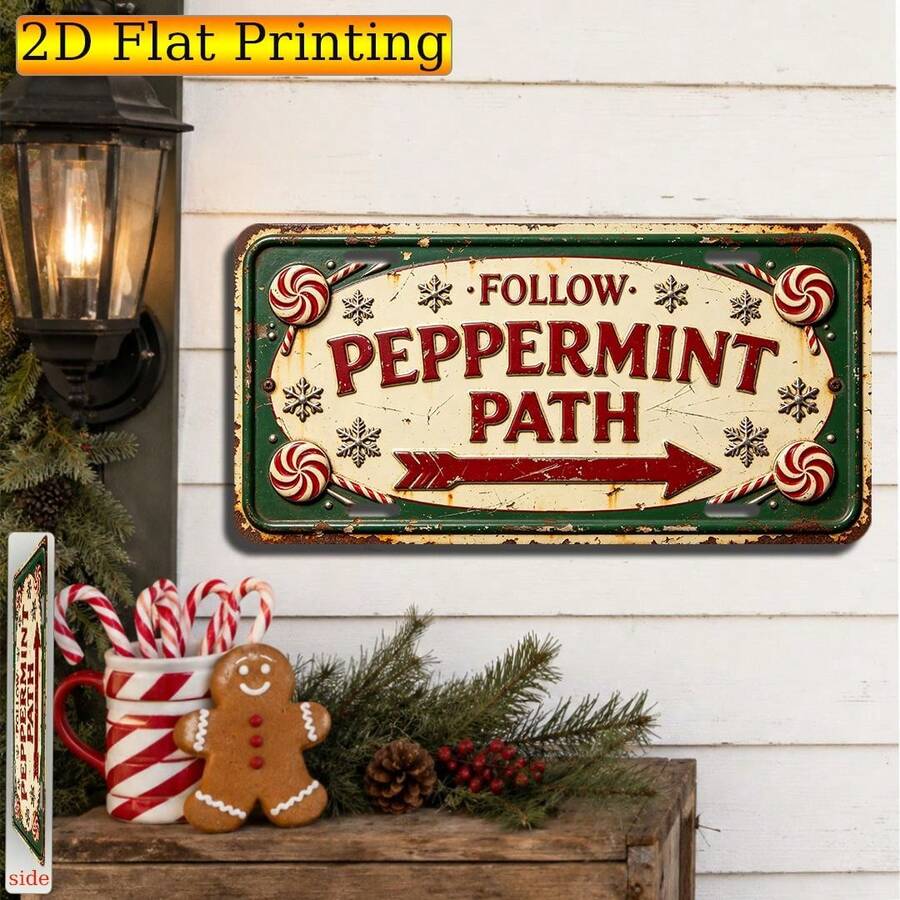 Follow The Peppermint Path Christmas Sign, Vintage Plaque, Decorative Sign & Ornament, 2D Flat, Candy Swirl Red Arrow Path Directional Sign, Ivory White & Green Holiday Wall Decor, Fun Winter Dessert Route Porch Decoration (Random Style) - A - View 1