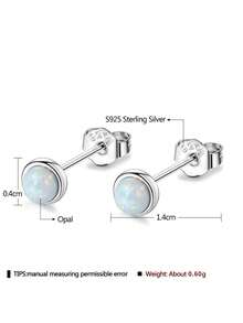LEKANI 1pc S925 Sterling Silver Round Opal Stud Earrings, Minimalist Mini Bezel-Set Colorful Stone Earrings, Versatile Daily Commute Jewelry For Women - Silver - View 4
