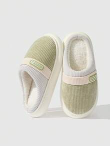 Winter Indoor Women's Thermal Lined Slip-On Slippers, Minimalist Colorblock Striped Plush Bedroom House Slippers For Couples - Light Green - View 8