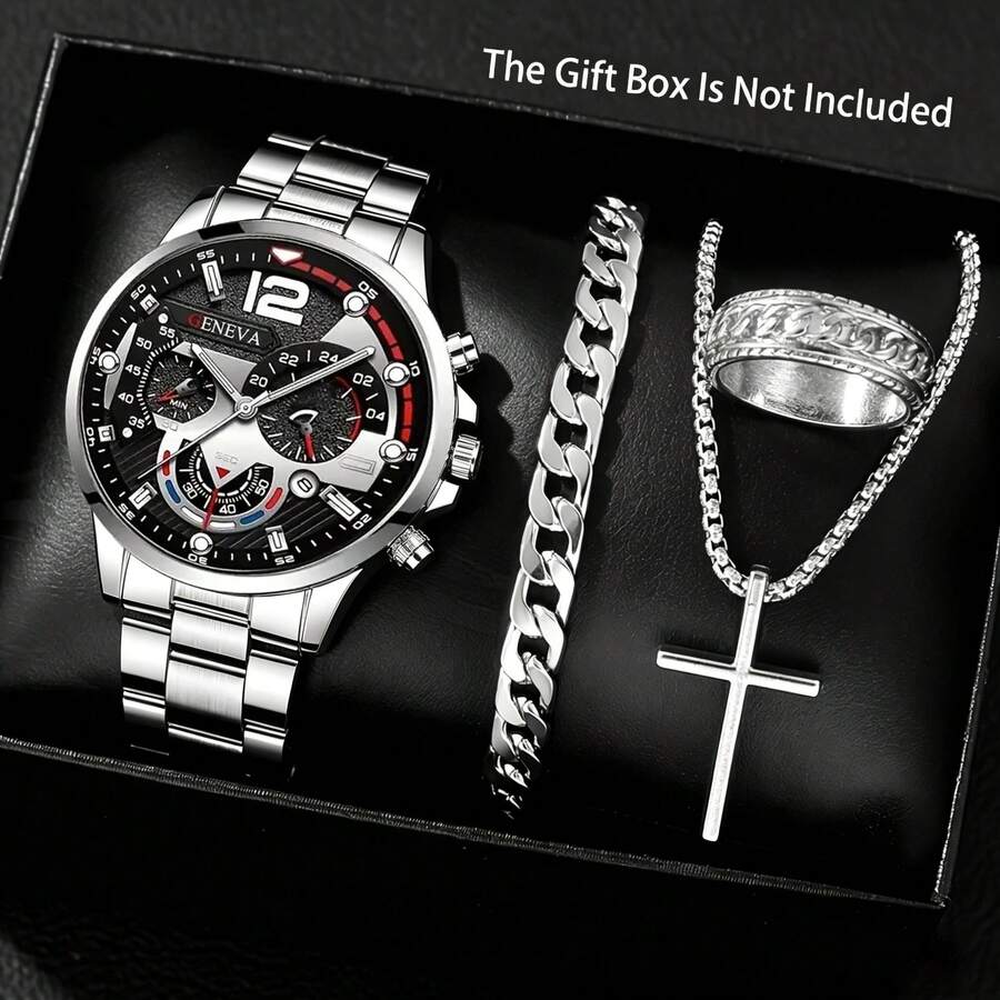 4pcs Men's Luxury Quartz Watch And Bracelet, Cross Necklace Ring Set, Classic Round Dial Design, Fashion Business Style, Perfect Gift For Various Occasions (Box Not Included) - Black - View 1
