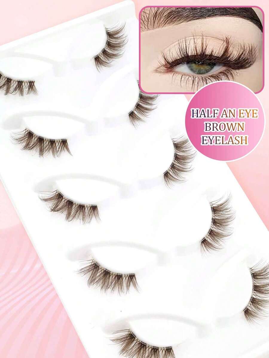 5 Pairs Brown Half-Eye Thick Voluminous Curly Natural Fluffy Faux Mink Eyelashes, Winged Tail, Lightweight Comfortable One-Piece False Eyelashes For Beginners - Brown - View 1