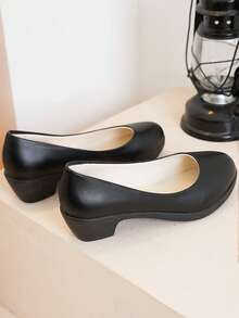 French Gentle Style Black Pointed Toe Pumps For Women, Solid Color Minimalist Elegant Design, Thick Heel For Stable And Comfortable Walking, Versatile For Commuting, Work, Dating, Banquet And Formal Occasions, High Heels With Sophisticated Elegant - Black - View 4