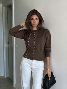 FOR BEAUTY Fall Winter Women Cardigans Y2K Preppy Dark Brown Double Breasted Knit Tops Crew Neck Button Front Sweaters Office Streetwear Outfits - Brown - View 3
