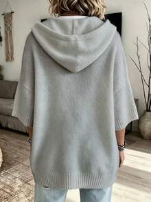 Women's Solid Color Drop Shoulder Drawstring Hooded Loose Sweater - Light Grey - View 3