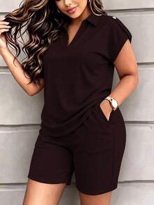 Women's Spring Summer Autumn Casual 2-Piece Set, New Fashion Solid Short Sleeve Top With Heart Print Shorts, Spring Break Outfit Elegant - Brown 90 - View 1