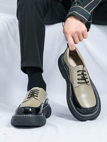 Colorblock Lace-Up Derby Shoes With Contrasting Upper, Thick Platform Sole, Glossy Patchwork Design, Street Style Comfortable Casual Shoes For Dating, Daily Wear And Party - Khaki - View 4