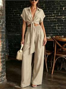Women's 2 Pieces Faux Linen Texture Set, Front Tie Lapel Short Sleeve Crop Top + High Waist Wide Leg Pants, Summer Casual Vacation Outfit - Apricot - View 4