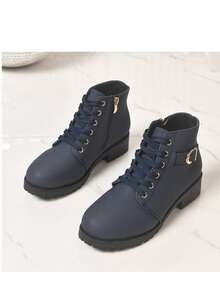 Navy Blue Chunky Heel Ankle Boots For Women, Lace-Up Side Zipper Buckle Thick Sole Anti-Slip Commuter Boots - Navy Blue - View 7