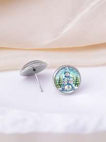 YUJUGLOW 1 Pair Christmas Cartoon Snowman & Christmas Tree Pattern 316 Stainless Steel Round Stud Earrings, Suitable For Women's Daily Wear - Baby Blue - View 4