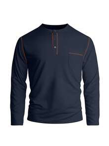 Men's Spring/Autumn New Casual Minimalist Henley Collar Long Sleeve Top, Suitable For Daily Commute And Vacation Wear - Navy Blue - View 3