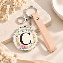 1pc 26 Letters Optional Floral Design Double-Sided Portable Makeup Mirror, 1X High Definition Mirror 180° Foldable PU Leather Pendant, Girls Bag Keychain Mirror/Bag Charm - Multicolor - View 33
